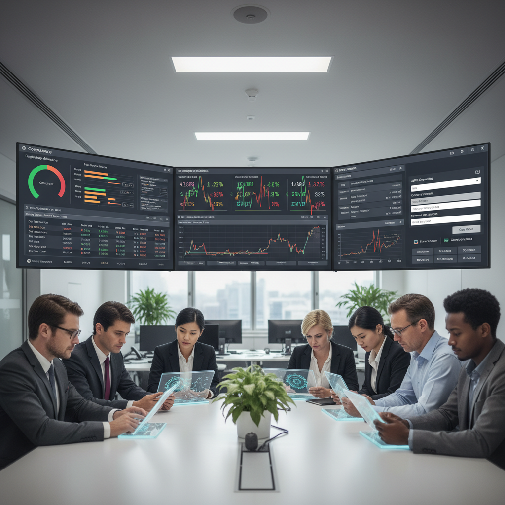 A sophisticated financial operations center showing multiple computer screens displaying real-time compliance dashboards, currency conversion tracking systems, and SAFE reporting interfaces. In the foreground, a diverse team of financial professionals analyzing data on tablets. The scene should convey advanced technology meeting regulatory compliance. Shot with 50mm lens, f/4, soft overhead lighting, contemporary office environment, clean and organized workspace, shallow depth of field focusing on the main screens.