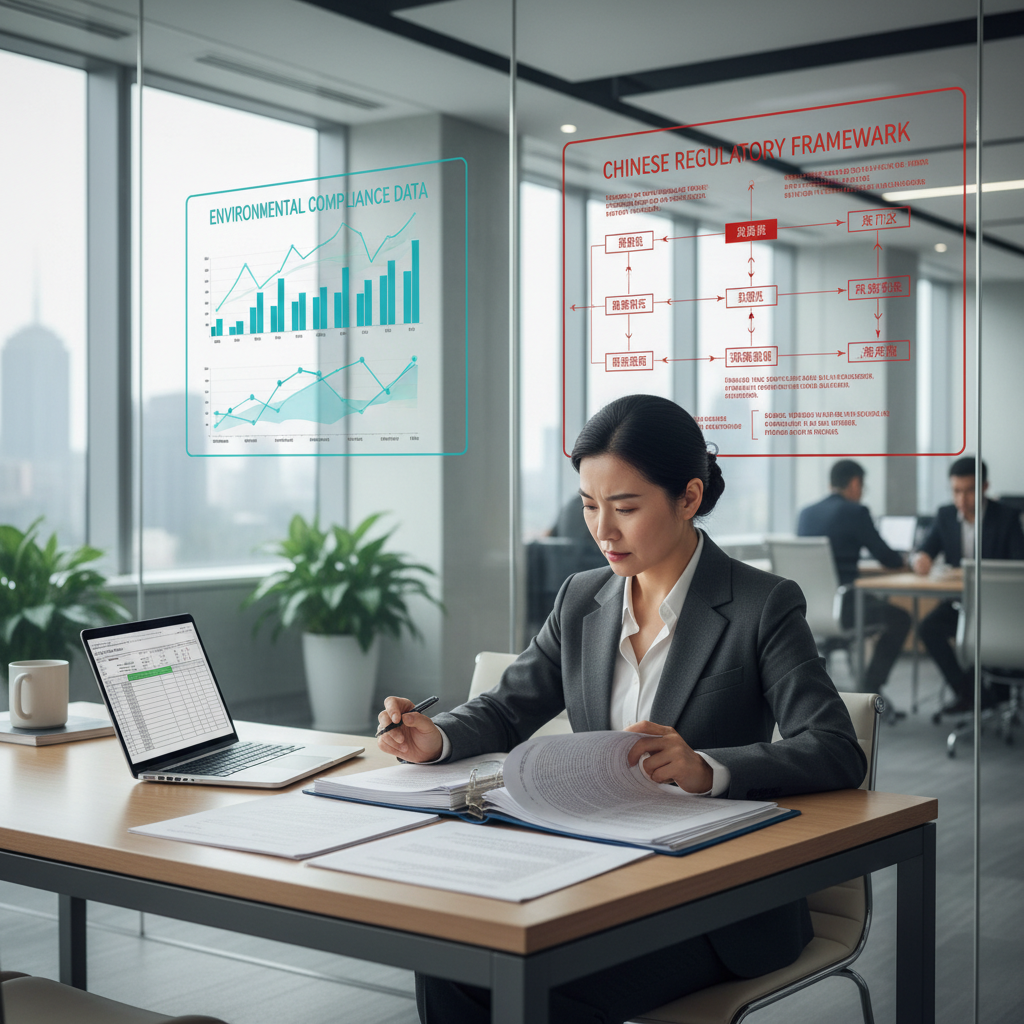 A professional business setting showing a foreign investor reviewing complex regulatory documents at a modern office desk, with digital displays showing environmental compliance data charts and Chinese regulatory framework diagrams in the background, natural lighting through large windows, photo style, shot with 50mm lens, f/2.8, shallow depth of field, business photography aesthetic, highly detailed, contemporary office environment