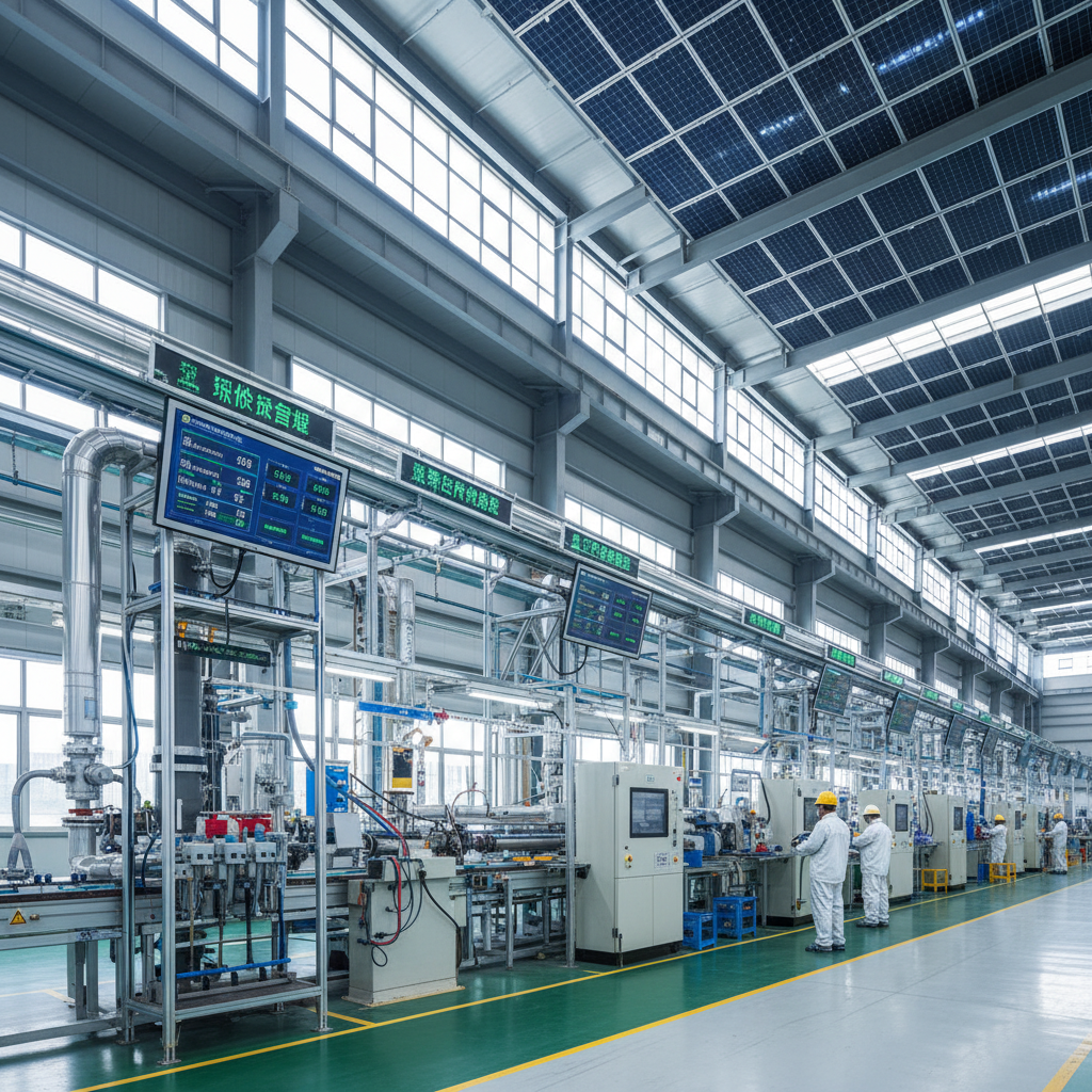 An industrial facility in China with modern environmental monitoring equipment installed on manufacturing units, digital screens displaying real-time emissions data, solar panels visible on the roof, clean and organized factory floor with workers in safety gear, natural daylight, wide-angle lens, industrial photography style, high detail, representing sustainable manufacturing operations, shot with Canon EOS R5, f/4, environmental compliance infrastructure visible