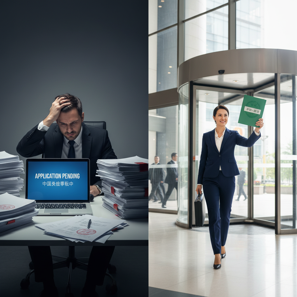 A dramatic split-screen composition showing two contrasting scenarios: On the left, a frustrated business professional sitting at a modern desk with stacks of Chinese regulatory documents and a frozen laptop screen displaying 'Application Pending'. On the right, a confident investor walking through glass doors of a Chinese financial building with approved documents. The image should emphasize the contrast between regulatory struggles and successful compliance. Shot with 35mm lens, f/2.8, dramatic side lighting, corporate photography style, high detail, professional business setting.