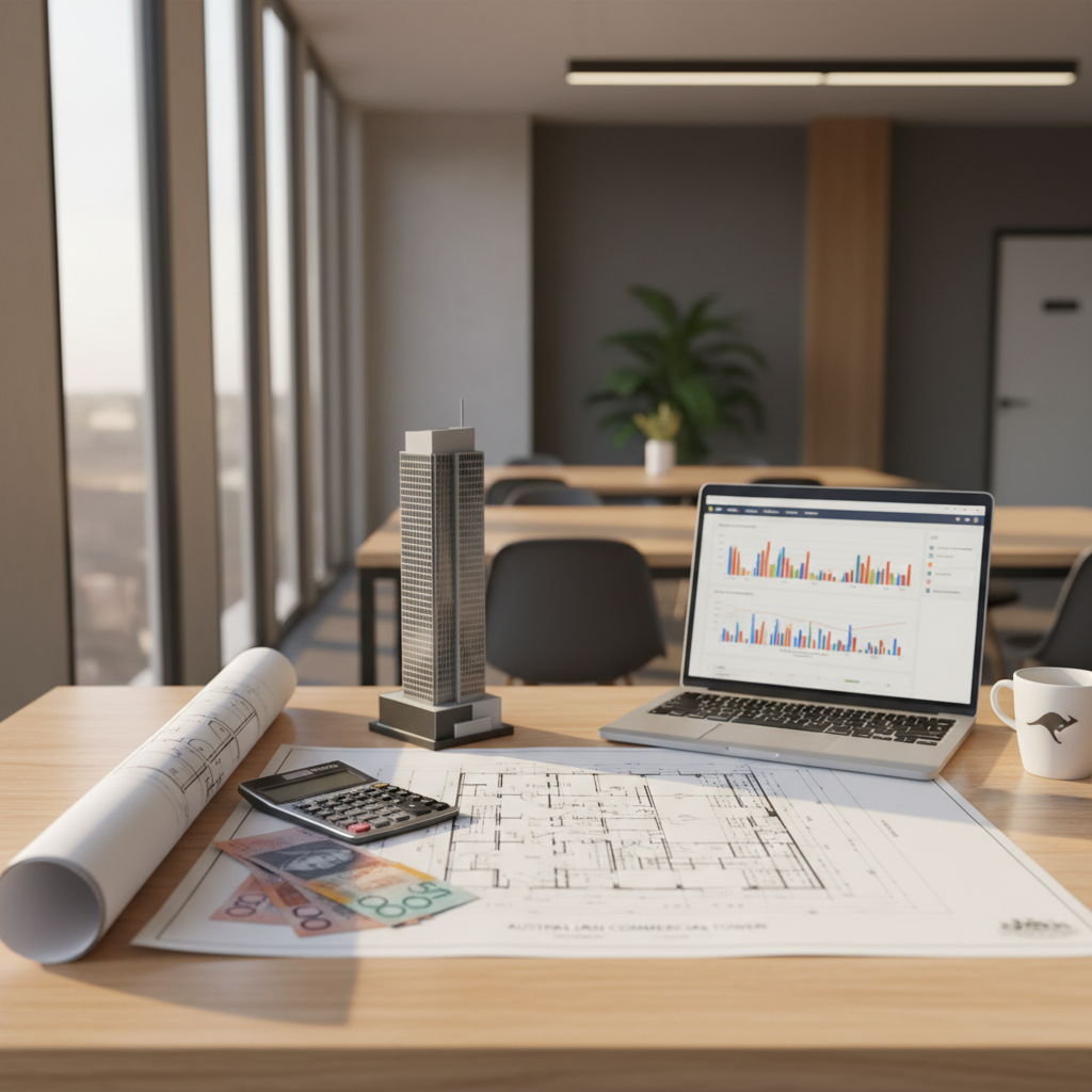 A professional Australian business setting showing a detailed architectural blueprint of a commercial property laid flat on a modern desk, with a sleek calculator, Australian dollar notes, and a miniature model building beside it. Natural sunlight streams through large windows, casting soft shadows. The scene includes a laptop displaying financial charts and a coffee cup, shot with 50mm lens, f/2.8, shallow depth of field, professional photo style, high detail, warm natural lighting