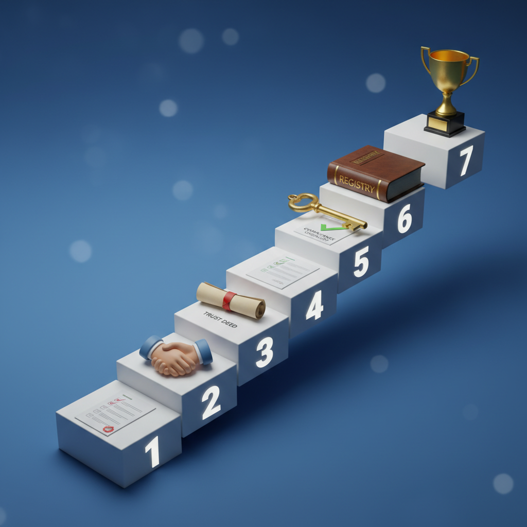 A modern infographic-style visualization showing seven ascending steps labeled 1 through 7, each step represented as a 3D platform rising upward. On each platform sits symbolic objects: a checklist document, a handshake, a trust deed scroll, a house key, a registry book, a compliance checklist, and a trophy. Shot from a slight angle with dramatic lighting highlighting each step, clean professional aesthetic, depth of field emphasizing the progression, photo style with sharp details, business photography lighting