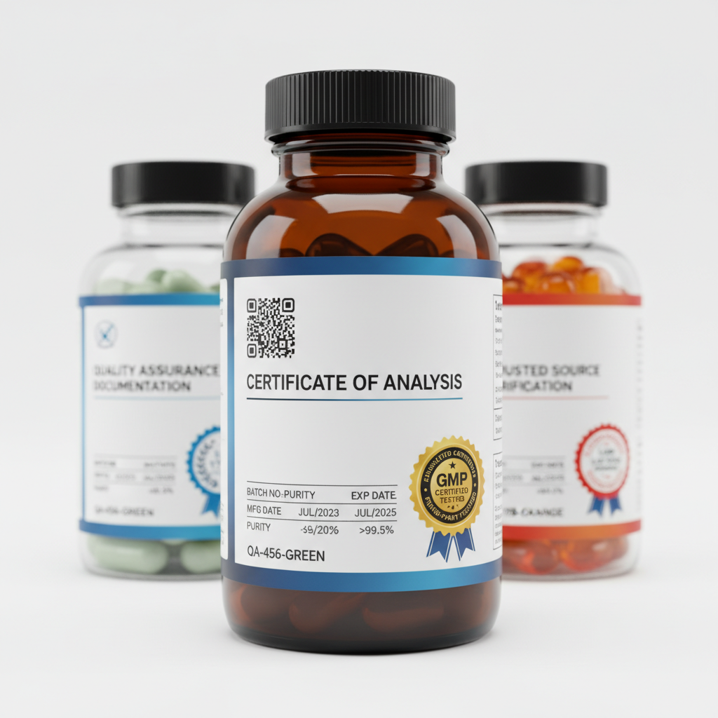 Close-up of high-quality supplement bottles with clear labels showing certificates of analysis and quality documentation, professional product photography on white background, precise focus on certification stamps and batch numbers, shot with macro lens at f/2.8, clean commercial photo style, studio lighting highlighting product details and transparency