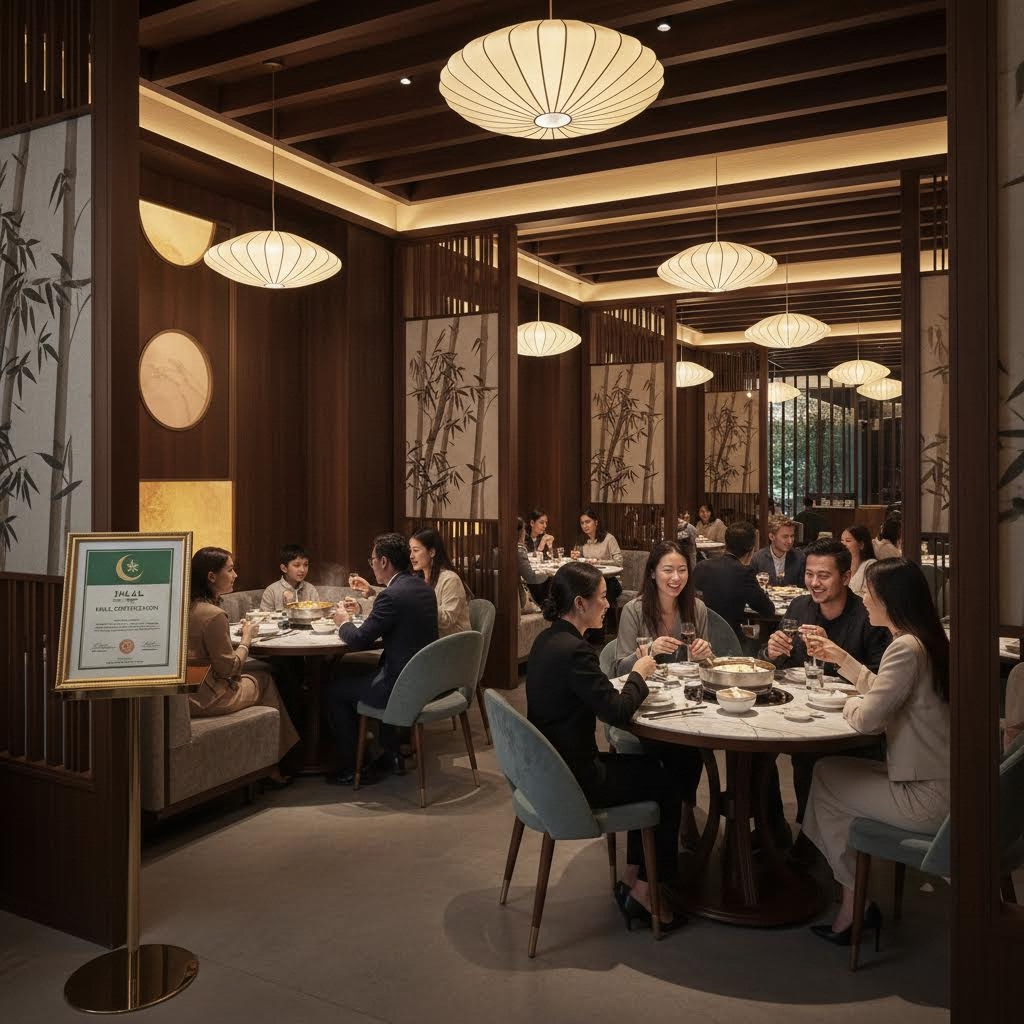 An elegant Chinese restaurant interior with contemporary design, featuring diners of diverse backgrounds enjoying dim sum and hotpot, halal certification certificate displayed prominently near entrance, warm ambient lighting, wide-angle lens, photo style, welcoming multicultural atmosphere, high-end dining setting