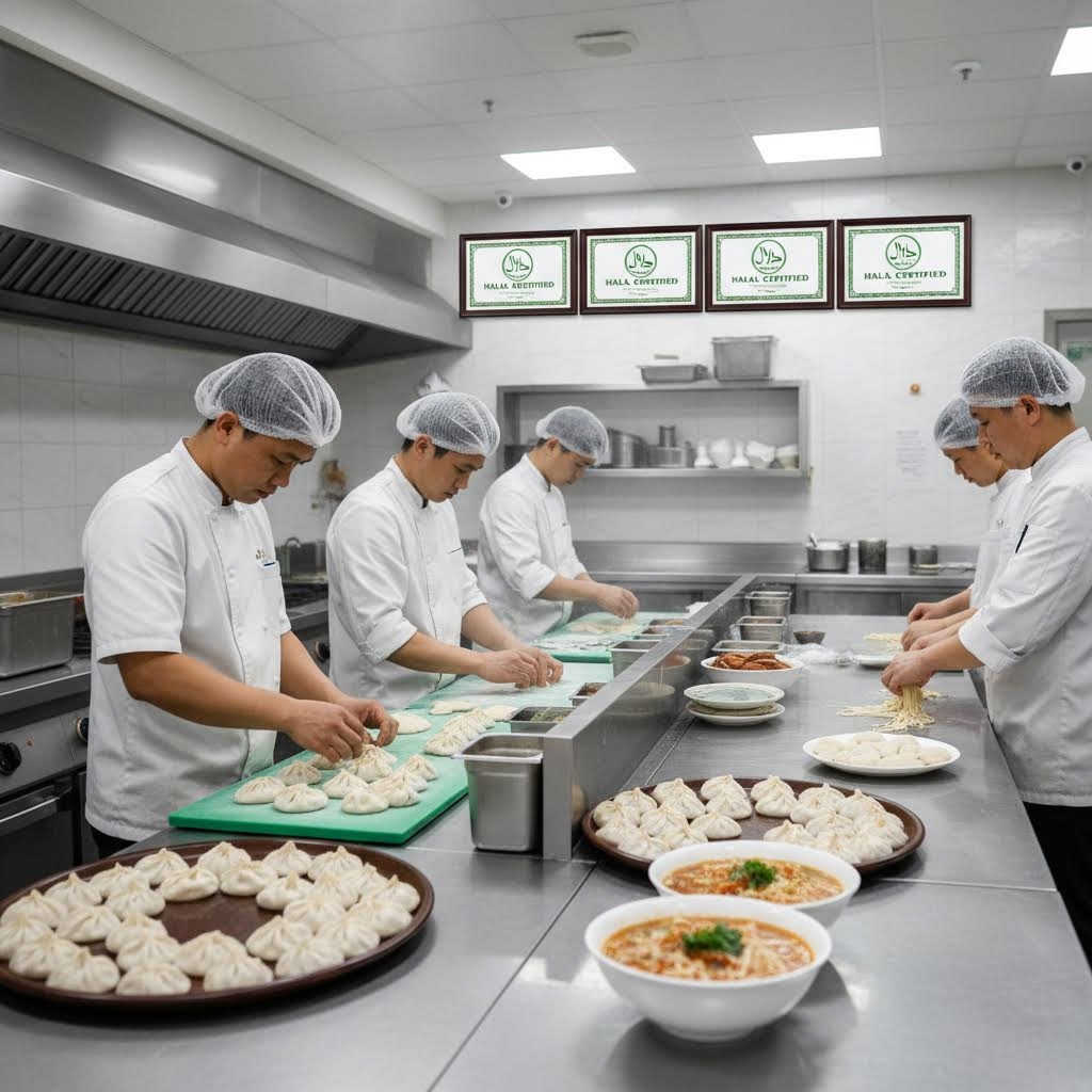 A modern commercial kitchen with stainless steel prep stations, where chefs in white uniforms and hairnets are preparing traditional Chinese dumplings and noodles, with visible halal certification plaques on the wall, bright overhead lighting, professional food photography style, shot with 50mm lens, shallow depth of field, clean and hygienic atmosphere