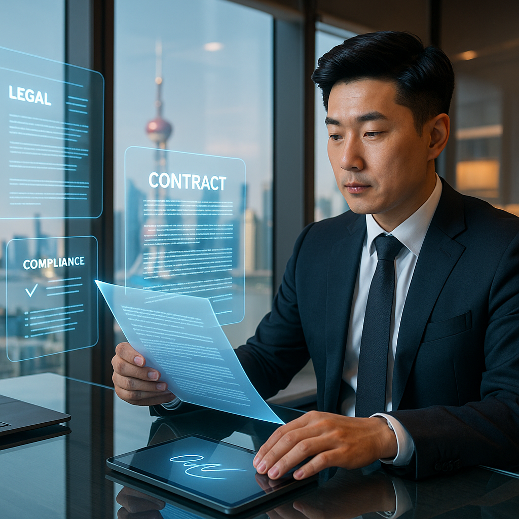 A futuristic office scene in Shanghai with a modern Chinese businessperson reviewing a holographic contract projection, advanced AI interface displays floating in mid-air showing legal clauses and compliance indicators, sleek glass desk with digital signature pad, floor-to-ceiling windows overlooking Shanghai skyline with Oriental Pearl Tower visible, warm professional lighting, shot with 35mm lens, contemporary business photography style, high detail, f/2.8, natural daylight mixed with ambient office lighting