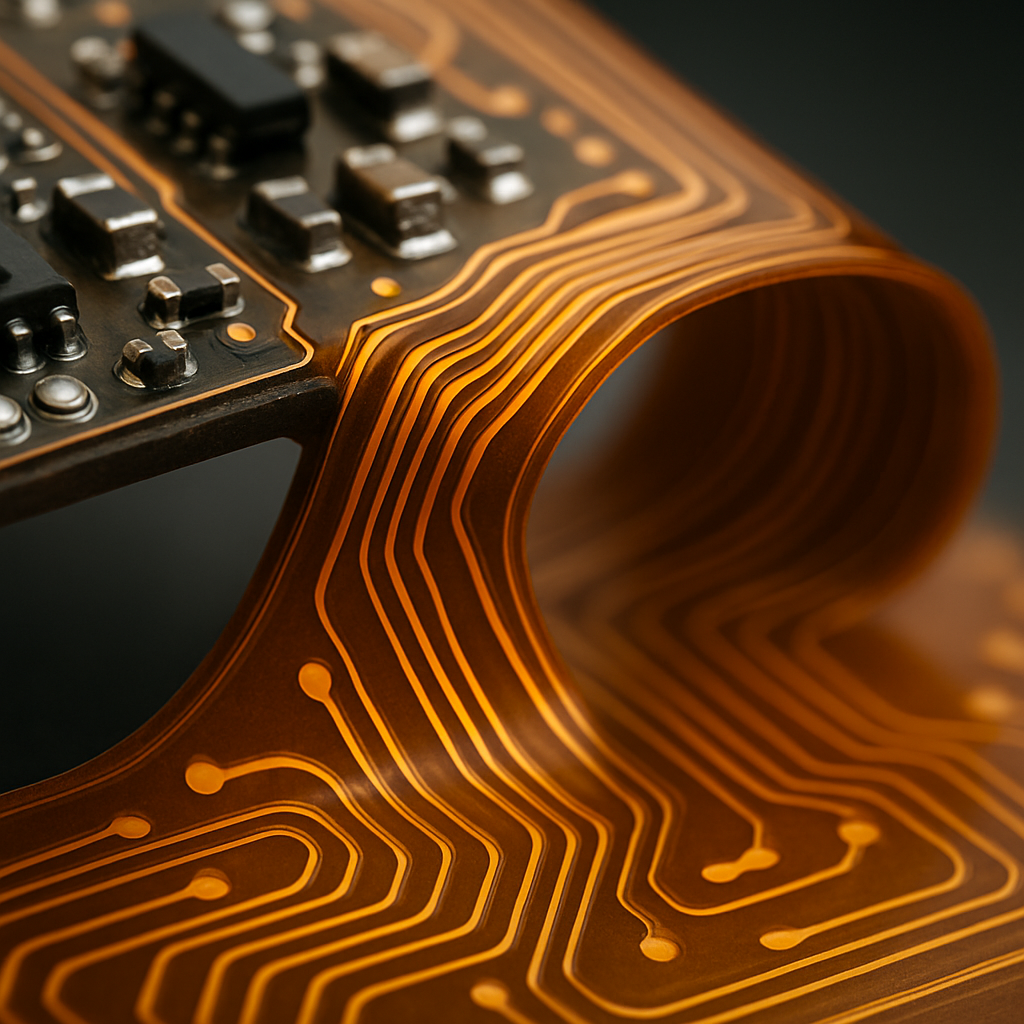 An extreme close-up macro photograph of a flexible PCB bending at a precise angle, showing the rigid-flex transition zone where rigid sections with mounted components connect to flexible copper traces. Golden copper pathways are clearly visible on the translucent amber substrate. Shot with a 100mm macro lens, shallow depth of field, soft diffused lighting from above, industrial photography style, f/4, high magnification showing intricate circuit details and solder joints.