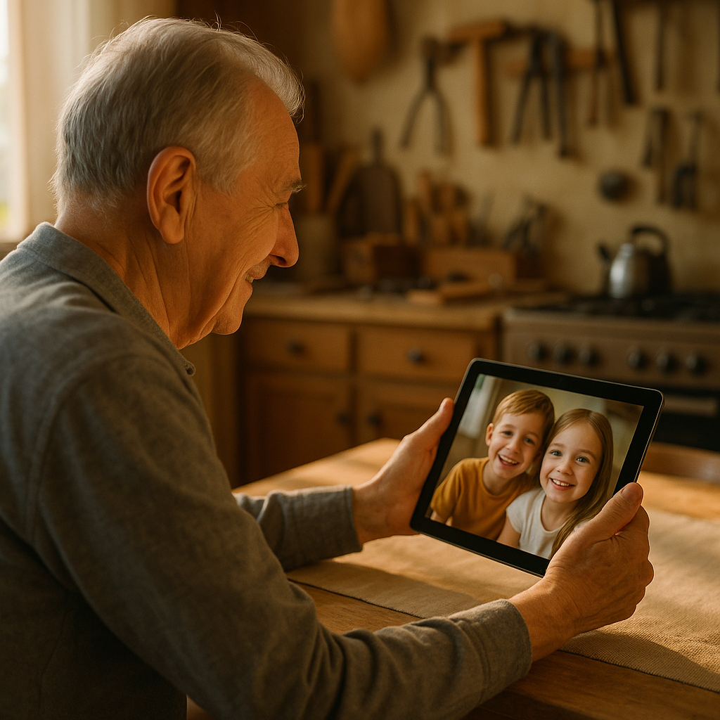 Elderly man with gray hair sitting at kitchen table with tablet device, video calling with smiling grandchildren on screen, warm afternoon sunlight, cozy home setting with woodworking tools visible in background, photo style, shot with 35mm lens, natural lighting, genuine moment of connection and joy, DSLR camera, f/2.8, bokeh effect