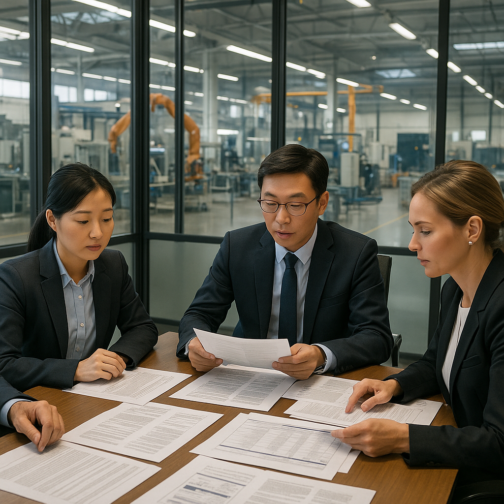 A professional business meeting scene in a modern Chinese factory office, with international businesspeople reviewing detailed manufacturing contracts and documents spread across a conference table, visible factory floor with manufacturing equipment through glass windows in background, natural lighting, shot with 35mm lens, photo style, high detail