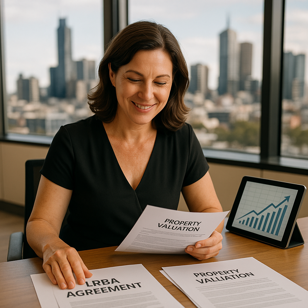 A confident Australian woman in her 40s (Sarah) sitting in a modern Melbourne office, reviewing property investment documents with visible satisfaction. On her desk are multiple documents labeled 'LRBA Agreement', 'Property Valuation', and a tablet displaying a growing investment graph with upward trend lines. Behind her, through large windows, the Melbourne city skyline is visible. Natural lighting from the window creates warm tones, shot with 50mm lens at f/2.8 for shallow depth of field, professional corporate photography style, highly detailed, contemporary business environment.
