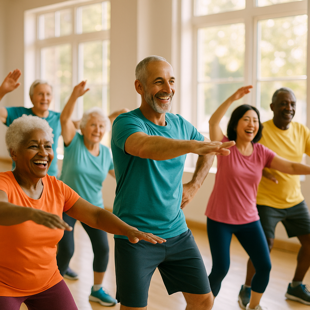 A vibrant senior fitness class in a bright community center, diverse group of older adults in colorful athletic wear doing gentle exercises together, instructor demonstrating movements, warm natural lighting streaming through large windows, photo style, shot with 50mm lens, f/2.8, shallow depth of field, joyful and energetic atmosphere, high detail