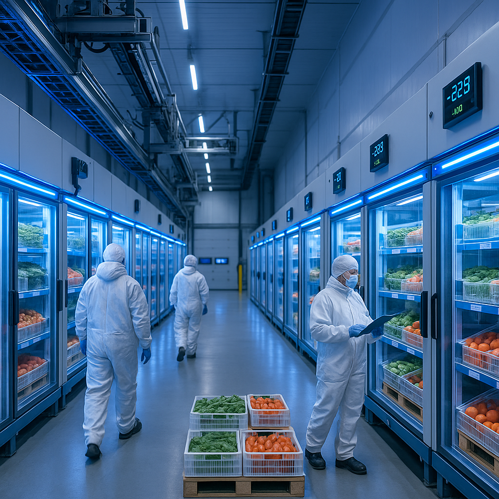 Interior of a state-of-the-art cold storage warehouse facility with automated systems, rows of refrigerated storage units containing fresh food products, blue LED lighting, temperature monitoring displays, workers in protective gear, shot with 35mm lens, professional photography, clean and organized environment, high-tech logistics infrastructure, f/4, sharp focus throughout