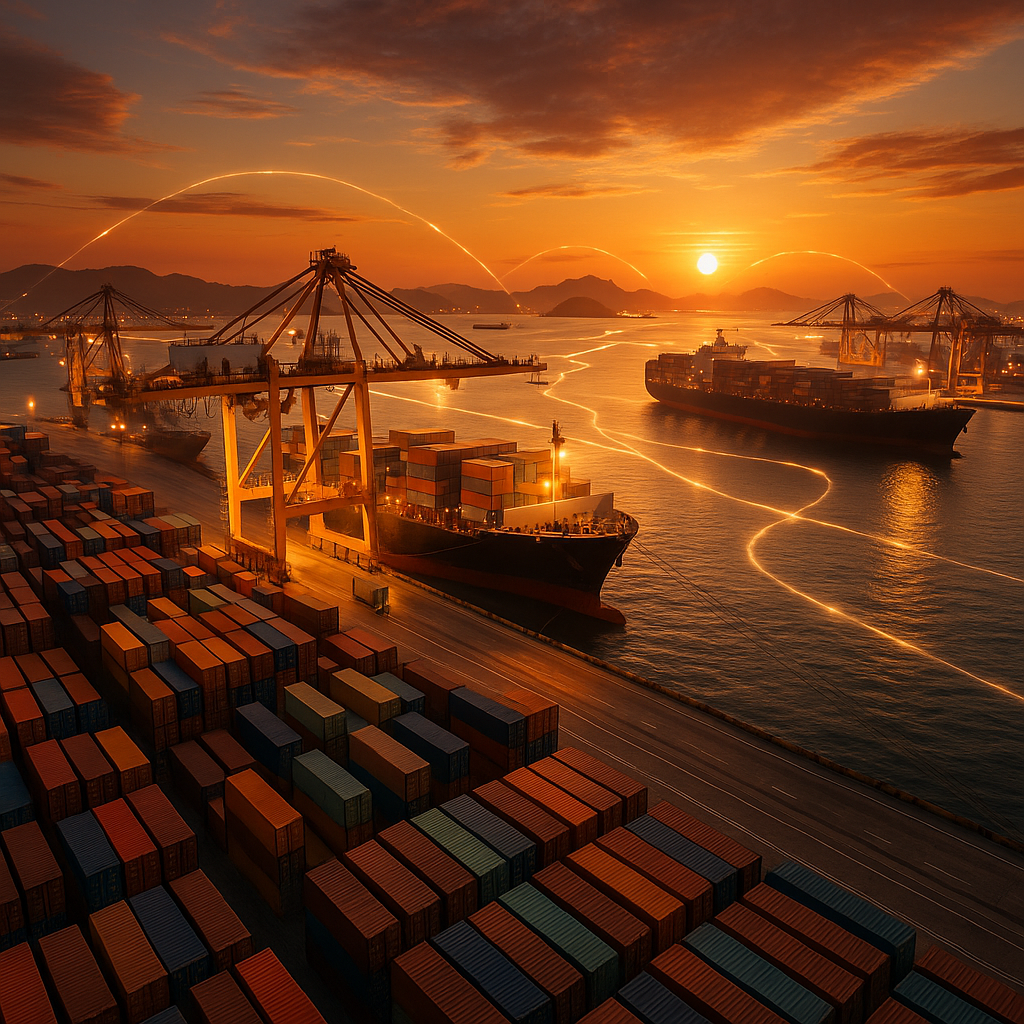 A modern container port terminal at sunset with massive cargo ships being loaded, showing interconnected shipping routes across Asia Pacific waters, shot with wide-angle lens, dramatic golden hour lighting, photo style, highly detailed, bustling international trade activity, cranes and containers in organized rows, f/2.8, shallow depth of field