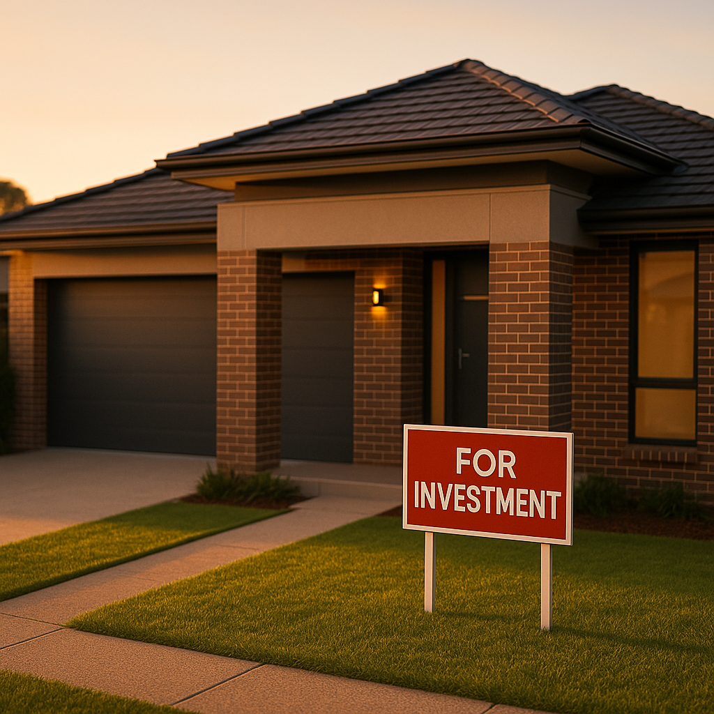 A modern Australian suburban investment property at golden hour, shot with 50mm lens at f/2.8, showing a contemporary brick house with manicured lawn and 'For Investment' sign, warm sunset lighting creating long shadows, professional real estate photography style, shallow depth of field with house in sharp focus, natural lighting, high detail, DSLR camera