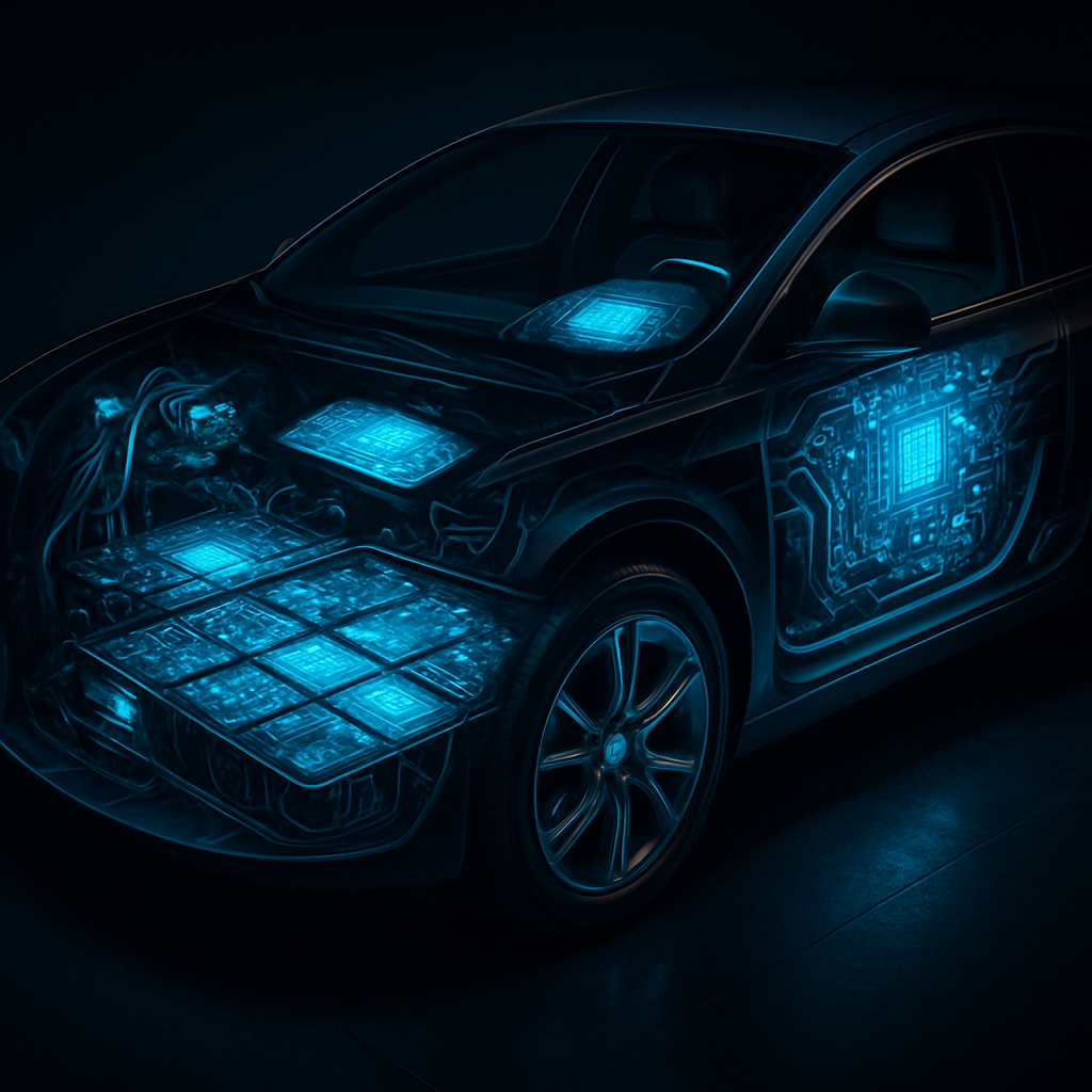 A cutaway technical illustration showing an electric vehicle's interior systems with glowing circuit boards visible throughout the chassis, battery pack, and dashboard. The PCBs emit a soft blue light against the dark vehicle interior, with visible copper traces and components. Shot with a wide-angle lens, dramatic side lighting, automotive photography style, highly detailed, f/2.8, professional product photography.