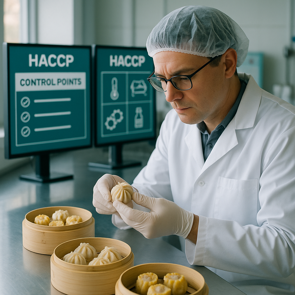 A professional food safety laboratory scene showing a quality control inspector in white coat and hairnet examining dim sum products on a stainless steel inspection table, with digital monitoring screens displaying HACCP control points in the background, shot with 50mm lens, f/2.8, natural lighting through large windows, highly detailed, photo style