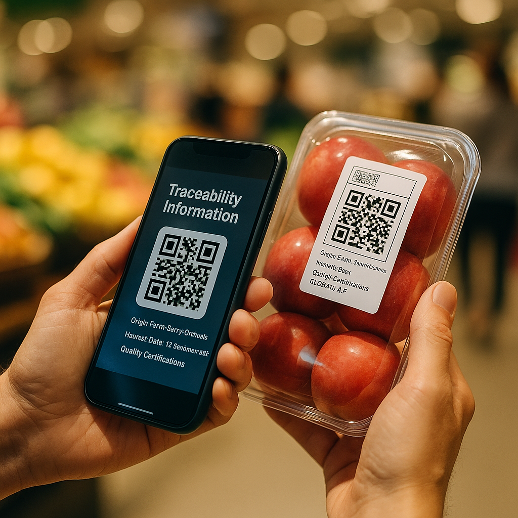 A close-up photo of hands holding a smartphone scanning a QR code on fresh fruit packaging at a modern retail store. The phone screen displays detailed traceability information including origin farm location, harvest date, and quality certifications. In the background, slightly blurred, are colorful displays of fresh produce and other shoppers. Natural warm lighting from overhead store lights, shallow depth of field with f/2.8, emphasizing the scanning action and the trust it represents. Photo style, shot with a 50mm lens, capturing authentic consumer interaction with food traceability technology.