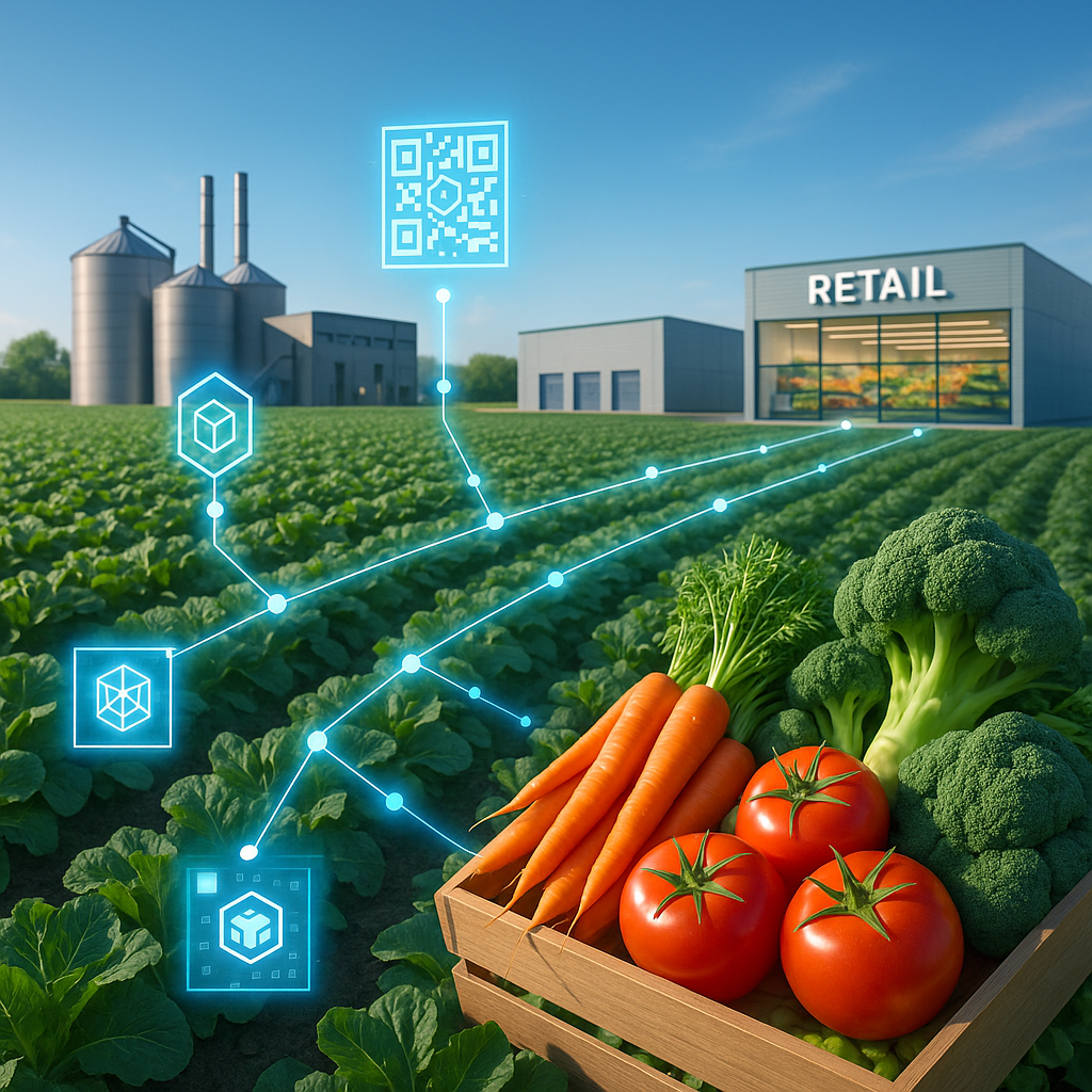 A modern food supply chain visualization showing a farm field in the foreground with fresh produce, connected by glowing digital lines and data nodes to processing facilities, warehouses, and a retail display in the background. The scene features floating holographic QR codes and blockchain icons along the supply chain path. Shot in a wide-angle perspective with natural daylight, creating a sense of transparency and connectivity. The image should have a clean, professional aesthetic with blue and green accent colors representing technology and agriculture. Photo style, shot with a 24mm lens, f/8, high detail.