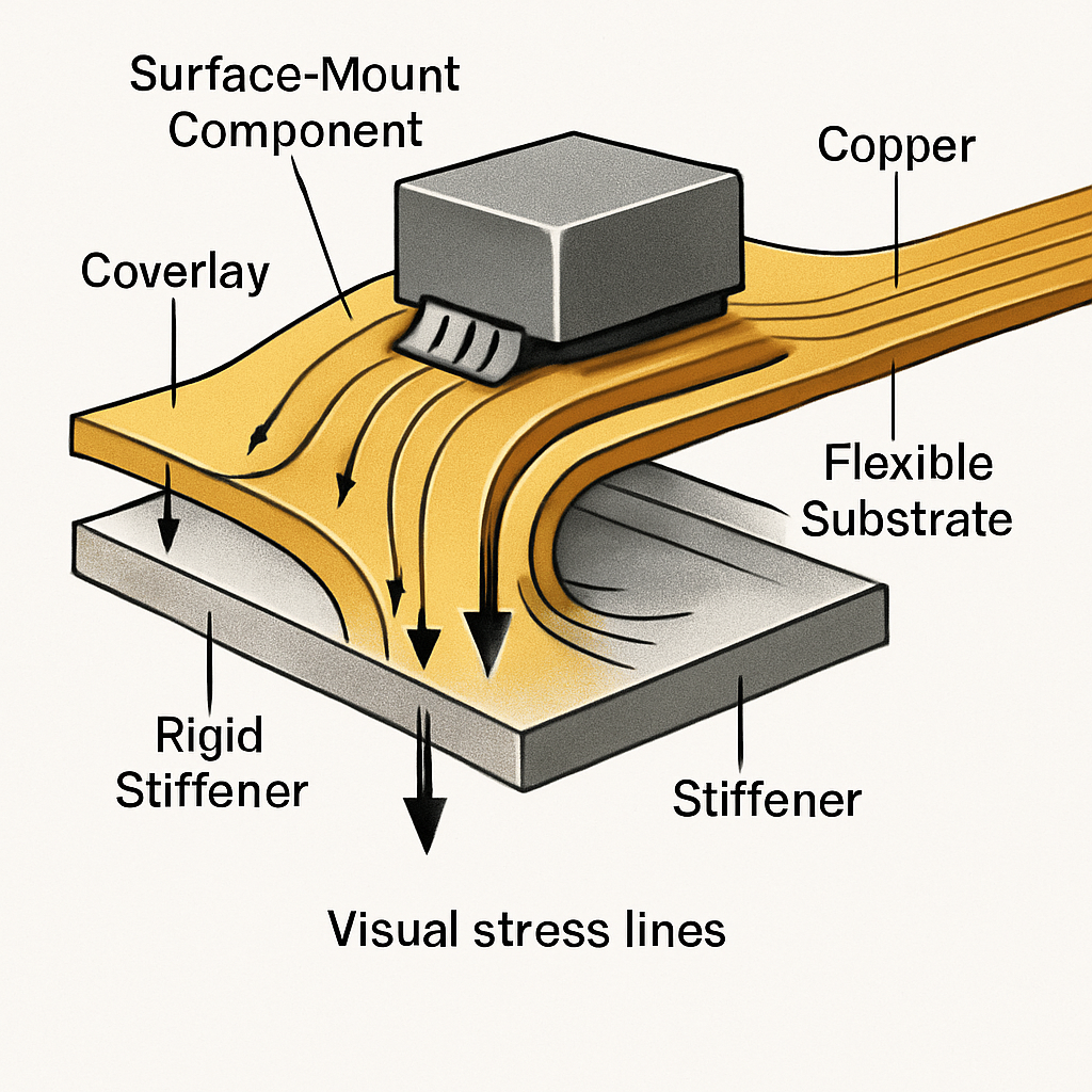 A detailed cross-section technical illustration showing a flexible PCB with a stiffener reinforcement. The image shows layers of the flex circuit with a rigid stiffener bonded beneath a surface-mount component. Visual stress lines indicate force distribution, with arrows showing how mechanical stress is absorbed by the stiffener. The illustration uses a clean, technical style with labels and a cutaway view revealing the internal layer structure. Shot in a studio lighting setup with high contrast to emphasize the technical details.