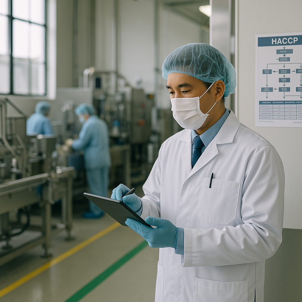 A professional food safety inspector in a modern Asian food processing facility, wearing protective gear and examining production line equipment with a tablet device. The facility features stainless steel equipment, proper zoning with colored floor markings, and visible HACCP compliance charts on walls. Natural daylight streams through large industrial windows, creating professional lighting. The inspector is making notes while observing workers in the background maintaining quality standards. Photo style, shot with 50mm lens, f/4, clean industrial environment, bright and professional atmosphere, sharp focus on inspector with slight background blur.
