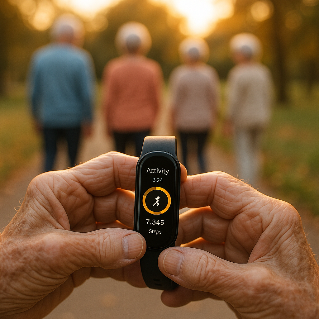 Close-up of elderly hands holding a fitness tracker showing activity progress, with blurred background of seniors walking together in a park during golden hour, shallow depth of field f/2.8, warm sunset lighting, photo style, Canon EOS R5