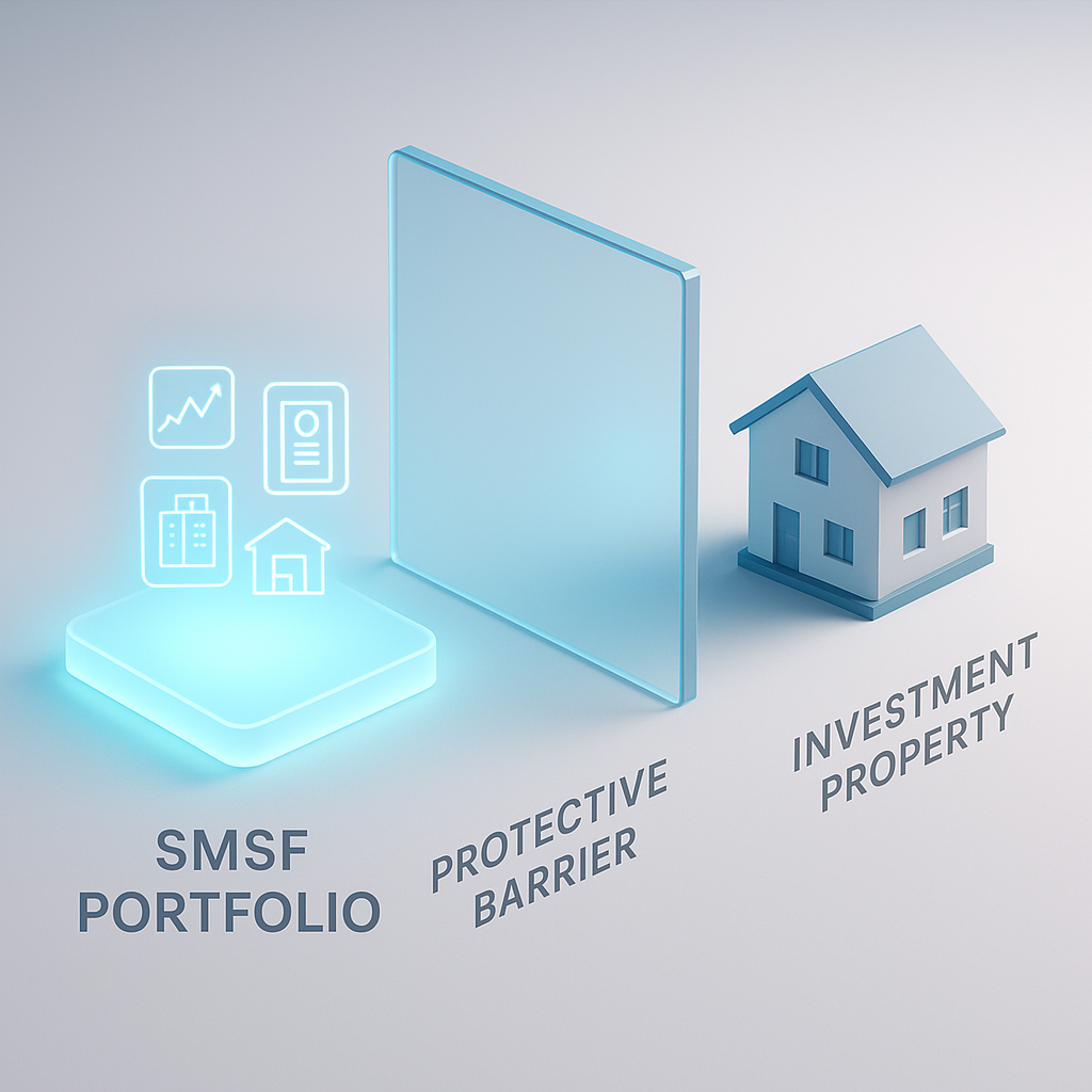 A modern architectural diagram showing a protective barrier structure with three distinct sections: a glowing SMSF portfolio on the left containing diverse assets (stocks, bonds, properties represented as small icons), a transparent protective wall in the middle, and a single residential investment property on the right. The barrier is visualized as a translucent glass wall with subtle blue lighting. Shot with a wide-angle lens, clean minimalist style with soft lighting, professional 3D rendering style, isometric view, tech company presentation aesthetic