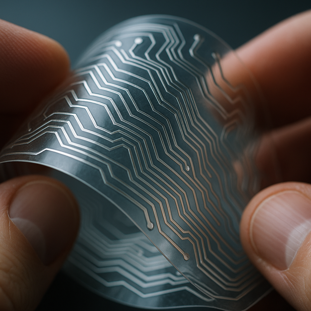 A close-up photo of a flexible transparent TPU circuit board being gently bent by human hands, showing silver conductive traces forming an intricate pattern on the translucent material, shot with a macro lens at f/2.8, soft diffused lighting highlighting the glossy surface texture and metallic sheen of the circuits, highly detailed, shallow depth of field