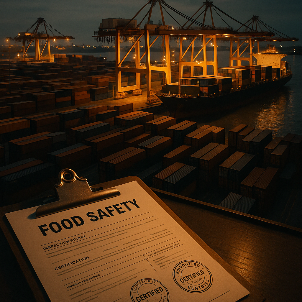 A dramatic overhead view of an international shipping port at dusk, with massive cargo containers stacked in organized rows under industrial lighting. In the foreground, a clipboard with food safety documentation and certification stamps is visible on a desk, while in the background, cranes load containers onto ships. The scene conveys the scale and complexity of global food supply chains. Photo style, shot with 35mm lens, f/2.8, warm industrial lighting with deep shadows, highly detailed, cinematic composition.
