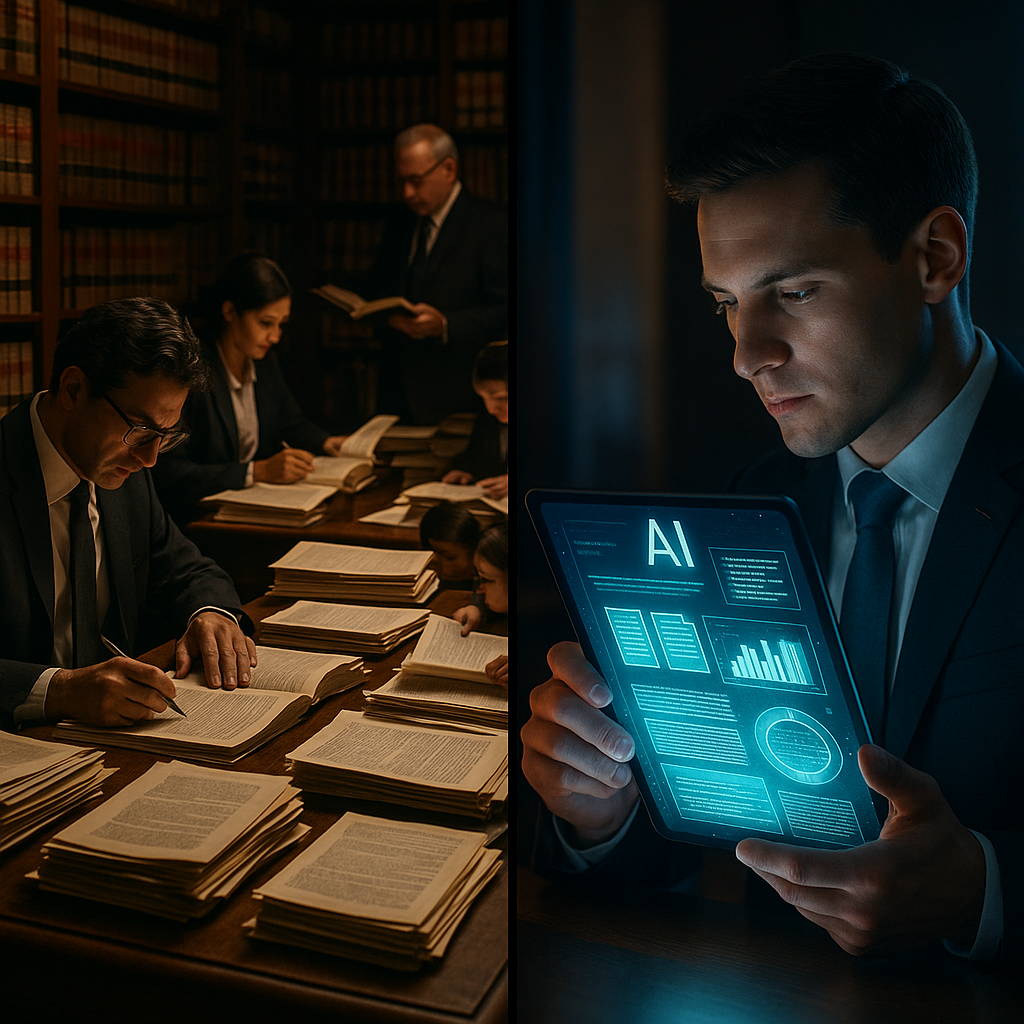Split-screen composition showing the evolution of legal work: left side depicts a traditional law library with stacks of law books and documents being manually reviewed by multiple lawyers, right side shows a single modern professional using an AI-powered tablet interface with glowing data visualizations and automated document analysis, dramatic lighting emphasizing the contrast between old and new, shot with 35mm lens, f/4, cinematic style, highly detailed