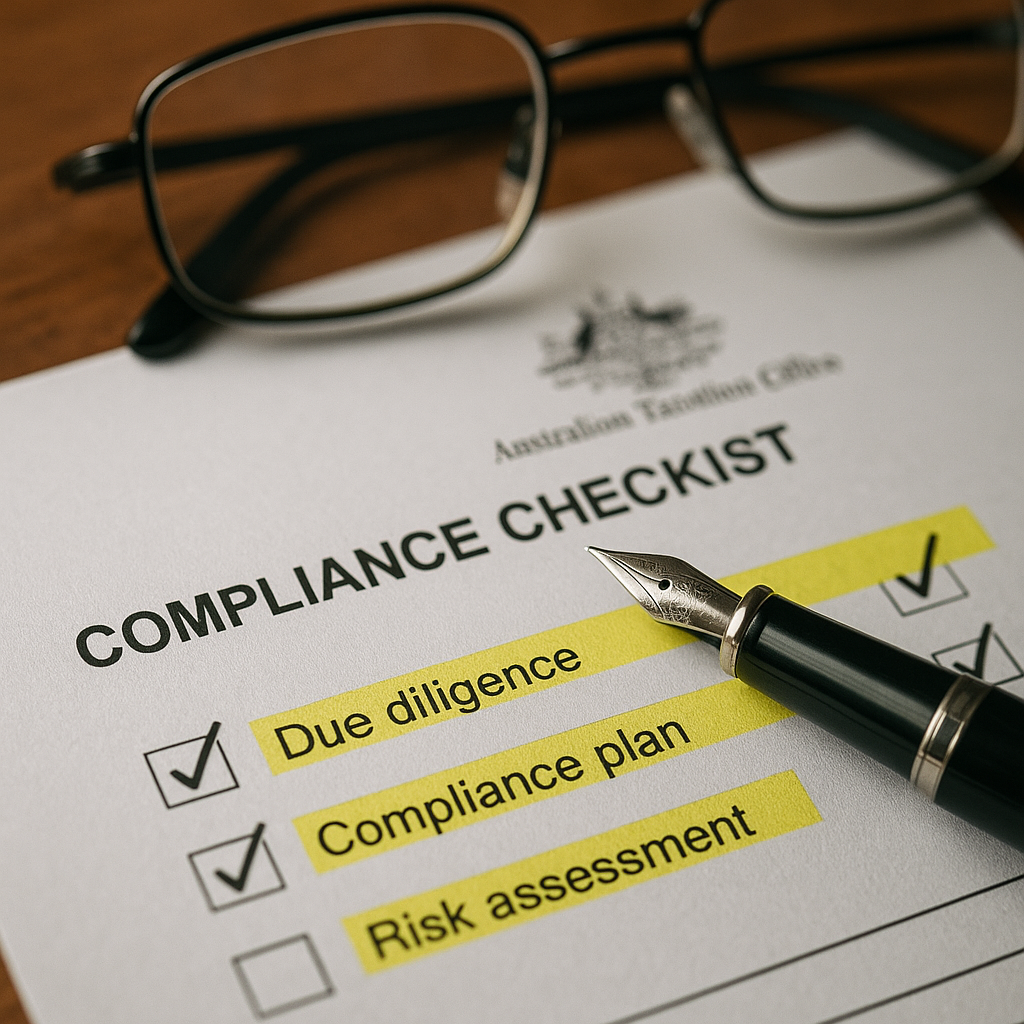 Photo style image of a close-up detailed compliance checklist document on a desk, shot with macro lens at f/4, professional office lighting, checkmarks and highlighted sections visible, a fountain pen and reading glasses placed beside it, Australian Taxation Office letterhead visible in soft focus background, shot with DSLR camera, high contrast, detailed textures