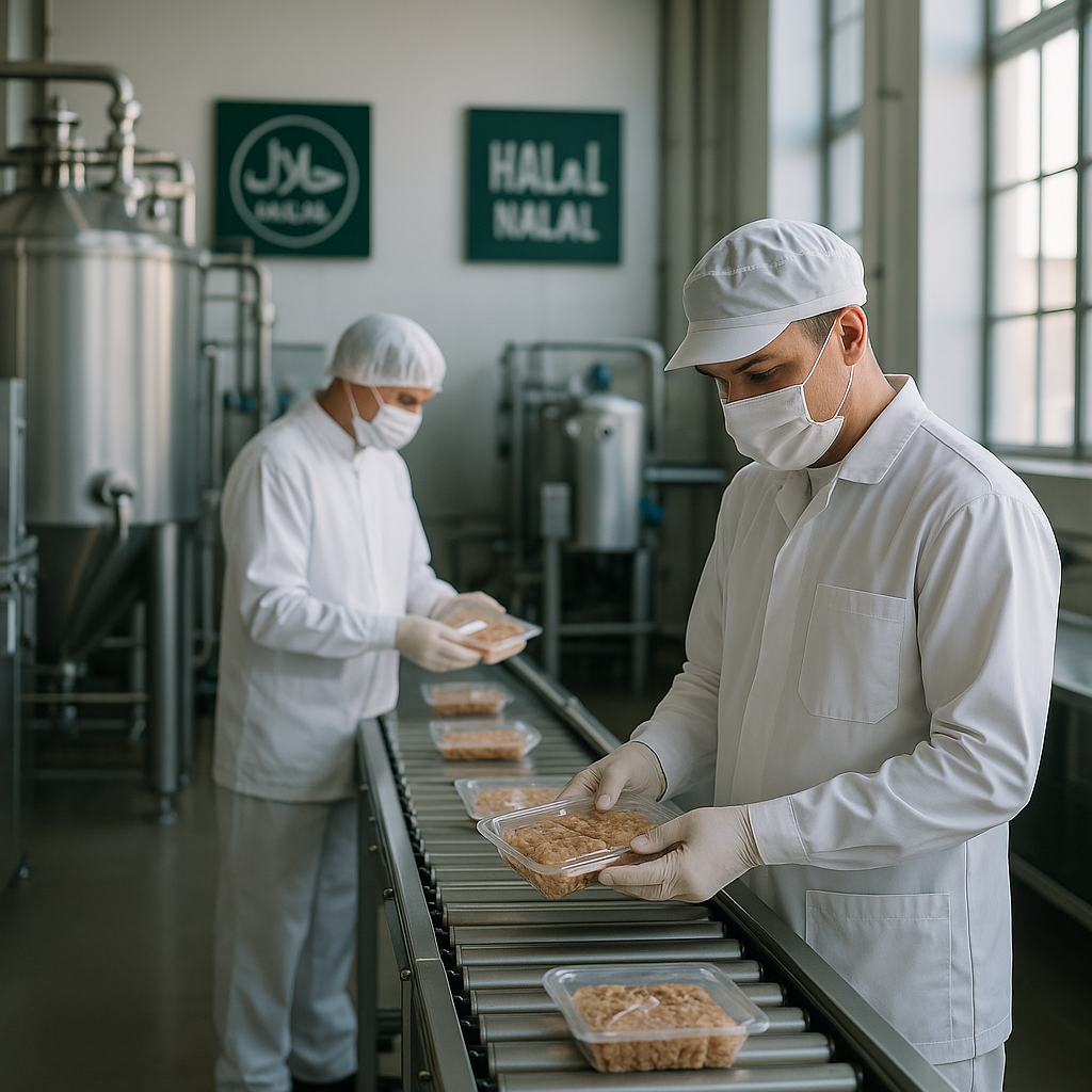 A professional photo of a modern halal food supply chain facility, showing clean stainless steel processing equipment with visible halal certification plaques on the walls, workers in white hygiene uniforms inspecting packaged food products on a conveyor belt, shot with 50mm lens, f/2.8, natural lighting from large industrial windows, highly detailed, photo style