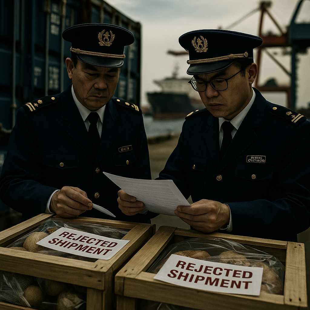 A dramatic photo of a large shipping container being inspected at a Chinese port, customs officials in uniform examining documentation with serious expressions, rejected shipment tags visible on wooden crates containing food products, harsh overhead lighting creating strong shadows, shot with 35mm lens, f/2.8, shallow depth of field, documentary style photography, high contrast, professional color grading