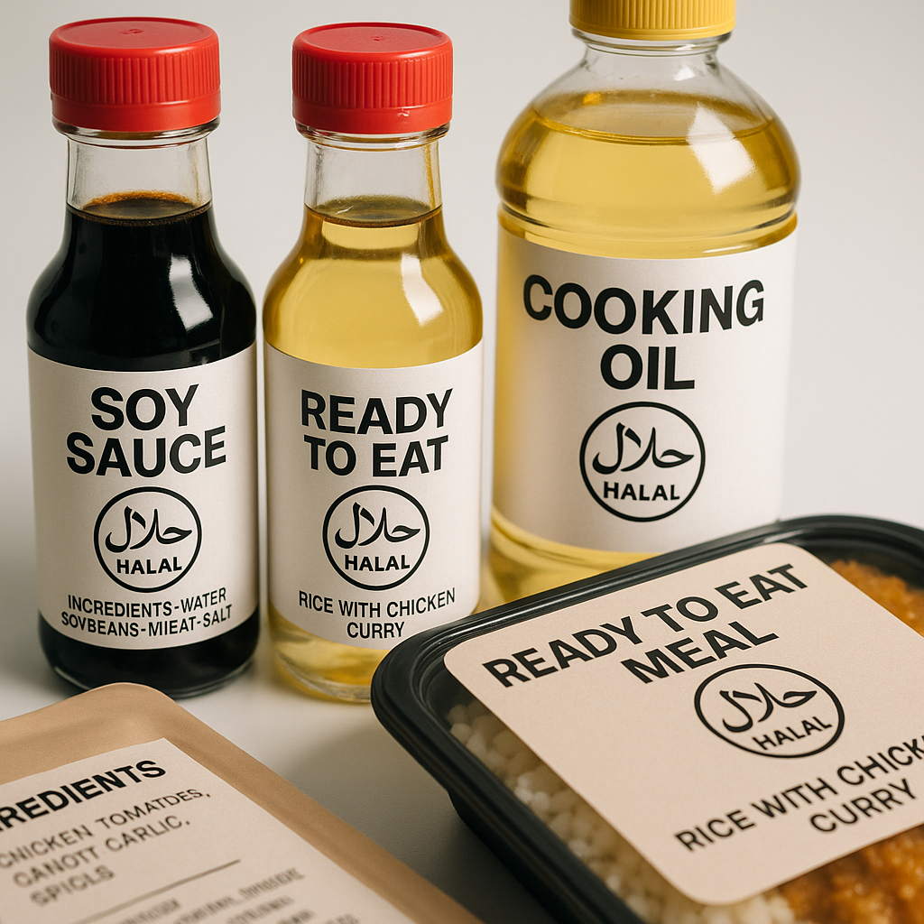 A detailed close-up photo of diverse halal-certified food products arranged on a clean white surface, showing clear halal certification labels and ingredient lists on packages including soy sauce bottles, cooking oil containers, and ready-to-eat meal boxes, shot with macro lens, f/4, soft studio lighting, shallow depth of field highlighting the certification marks, high contrast, photo style