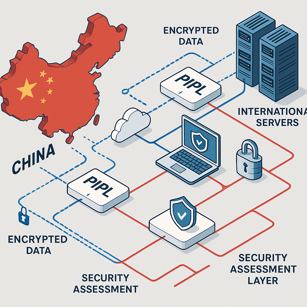 A detailed visualization of cross-border data flow between China and international servers, showing encrypted data streams, PIPL compliance checkpoints, and security assessment layers, represented through clean infographic style with blue and red pathways, isometric perspective, highly detailed, professional technology illustration style