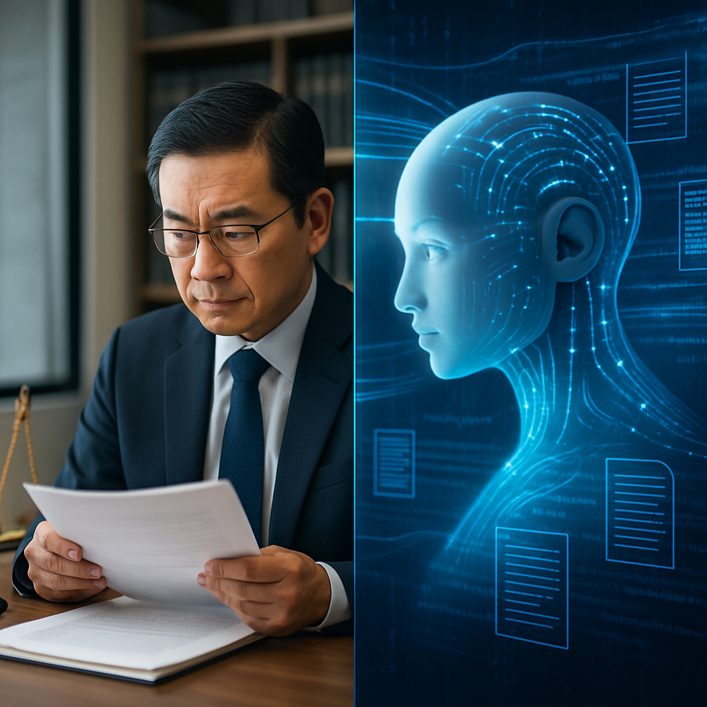 Split-screen composition showing human lawyer and AI working together: left side features an experienced Asian attorney in a modern law office analyzing documents with thoughtful expression, right side shows a futuristic AI visualization with flowing data streams and legal document patterns in blue and white tones, connected by subtle light bridges symbolizing collaboration, shot with 50mm lens, f/2.8, balanced lighting, photo style, representing the synergy between human expertise and AI capabilities