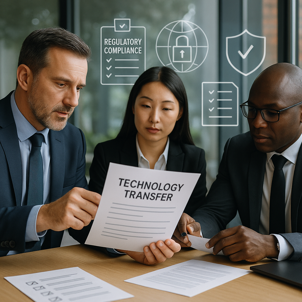 A professional business scene showing international executives reviewing technology transfer documents in a modern Chinese office, with visible regulatory compliance checklists and digital security icons floating in the background, natural office lighting, shot with 50mm lens, photo style, f/2.8, shallow depth of field
