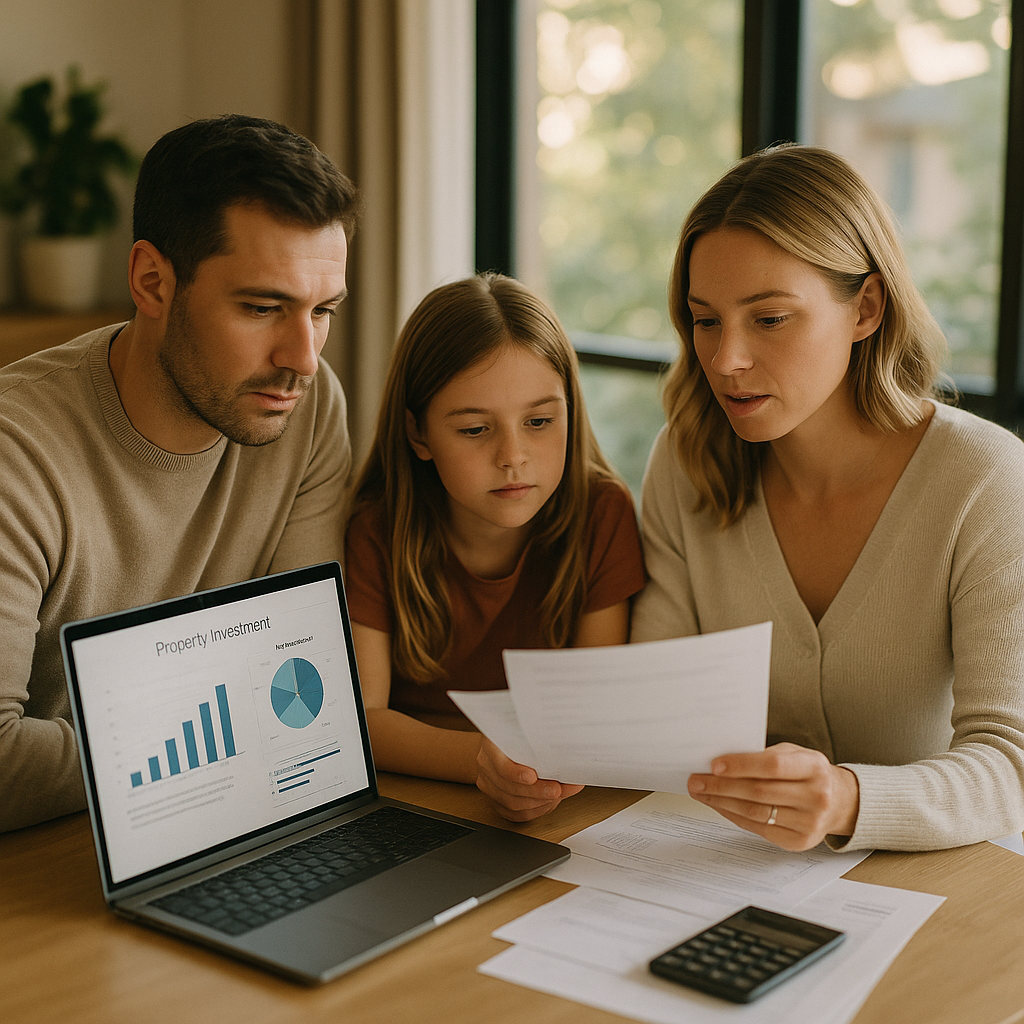 A professional photo showing a modern Australian family reviewing financial documents together at a dining table, with a laptop displaying property investment charts, warm natural lighting streaming through large windows, shot with 50mm lens at f/2.8, shallow depth of field, contemporary home interior, photo style