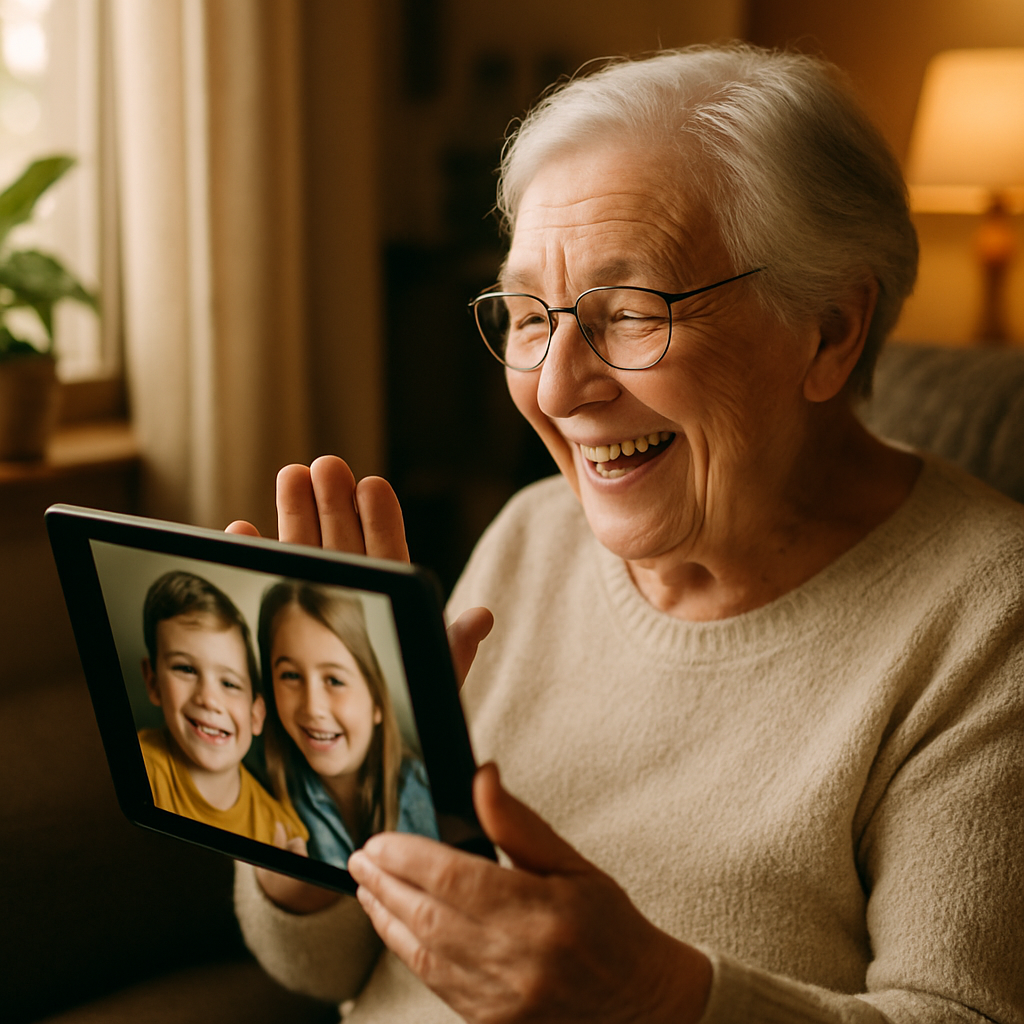 An elderly person video chatting on a tablet with their smiling grandchildren, sitting in a cozy, well-lit living room by a window. Natural lighting streams in, creating a warm atmosphere. The scene shows genuine connection and joy on both the screen and the senior's face. Shot with natural lighting, 35mm lens, soft focus on background elements. Photo style, warm tones, detailed facial expressions showing happiness and engagement, high contrast to emphasize the emotional connection.