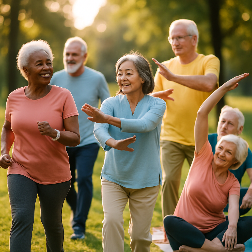 A diverse group of active seniors enjoying outdoor activities together in a sunny park - some walking with purpose, others practicing tai chi in synchronized movements, and a few doing gentle stretches on yoga mats. The scene captures natural golden hour lighting with soft shadows, shot with a 50mm lens at f/2.8 for shallow depth of field. The atmosphere is warm and inviting, showing genuine smiles and engagement. Photo style, highly detailed, vibrant colors, bokeh effect in the background.