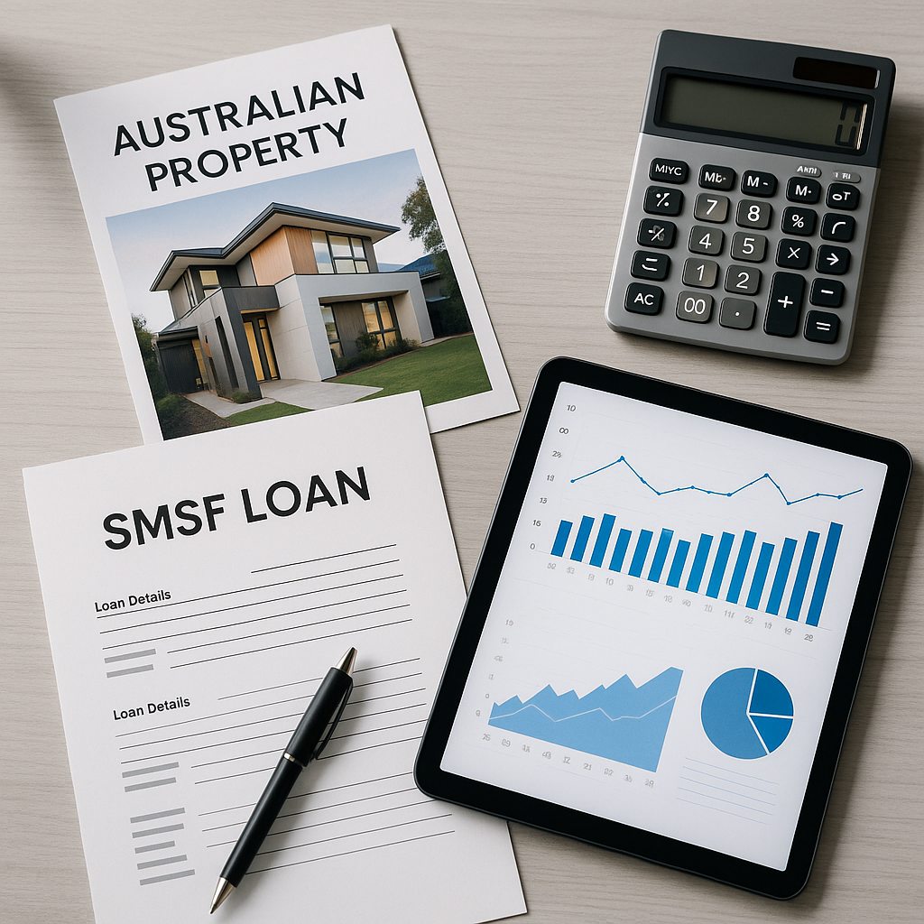 A sophisticated overhead shot of a modern office desk featuring SMSF loan documents, Australian property brochures, a calculator, and a tablet showing financial graphs, natural lighting from above, clean minimalist composition, professional business setting, shot with 35mm lens, high detail, photo style