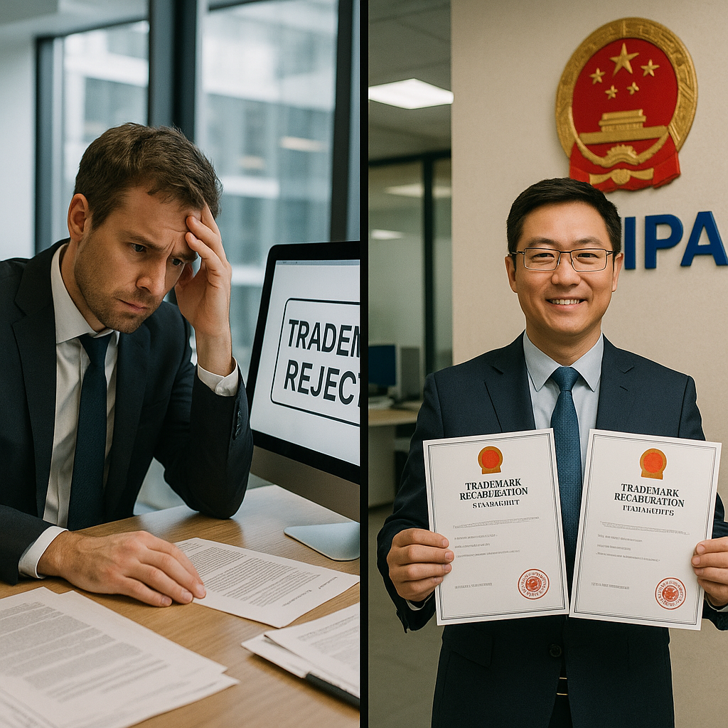 A dramatic split-screen composition showing two contrasting scenarios: on the left, a worried Western businessman in a modern office looking at a computer screen displaying a trademark rejection notice, surrounded by documents and legal papers; on the right, a confident Chinese businessperson at CNIPA office holding approved trademark certificates with a satisfied expression. The image should be in photo style, shot with a 35mm lens, natural office lighting, sharp focus, high contrast to emphasize the tension between the two situations. Professional corporate photography style with realistic details.
