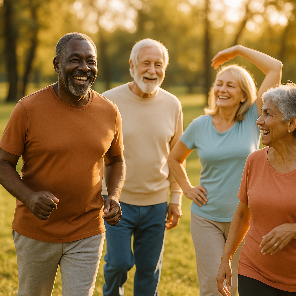 A vibrant photo of a diverse group of seniors in their 60s and 70s participating in outdoor activities together in a sunny park, including walking, stretching, and chatting, shot with 50mm lens, natural golden hour lighting, warm tones, photo style, highly detailed, joyful expressions, f/2.8, shallow depth of field