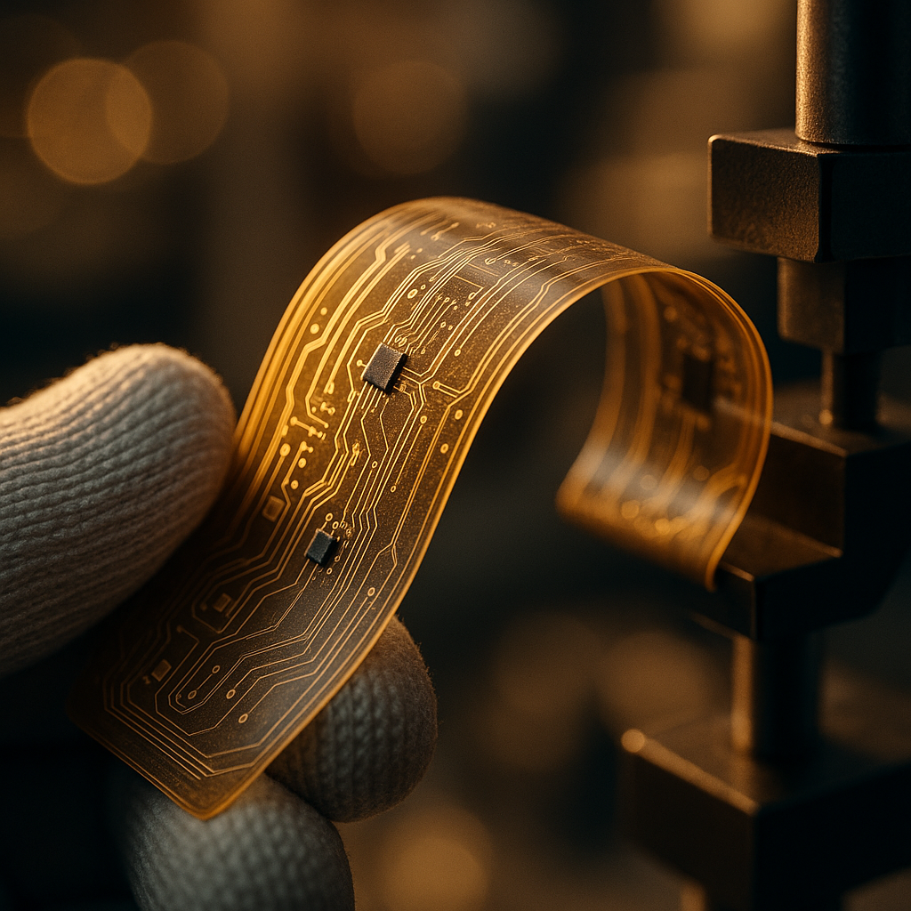 Close-up photo of a flexible circuit board being bent during quality testing, photo style, shot with macro lens 100mm, f/4, showing ultra-thin transparent flexible PCB with visible copper traces and components, being flexed in testing equipment, hands in technical gloves holding the circuit, dramatic lighting highlighting the circuit traces, warm tones, golden hour lighting effect, bokeh background showing testing laboratory, highly detailed surface texture of the flexible material, shallow depth of field, DSLR camera, high contrast, intricate circuit details visible