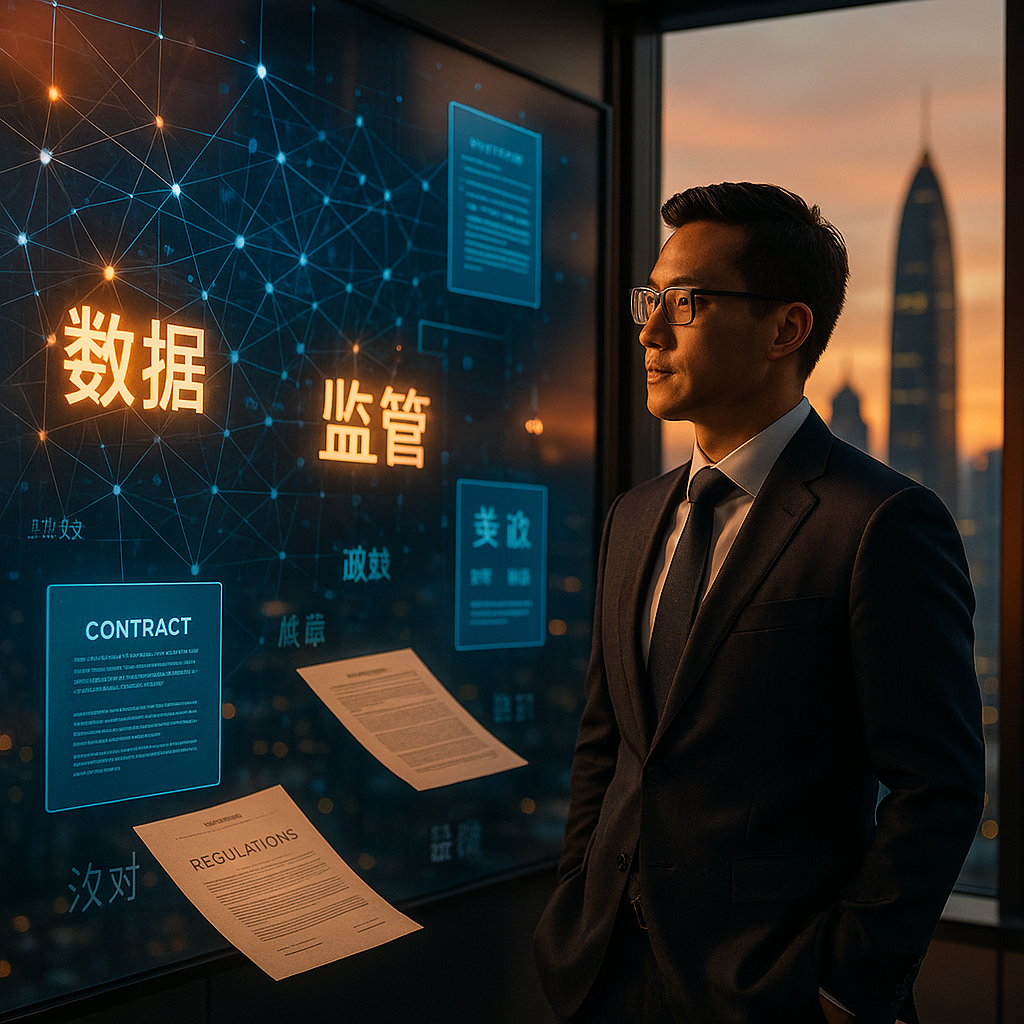 A modern multinational business executive standing in front of a large digital screen displaying interconnected data networks and regulatory frameworks, with Chinese characters and European business documents floating in holographic style around them. The scene is set in a contemporary office overlooking Shenzhen's skyline. Shot with 35mm lens, f/2.8, dramatic lighting with warm sunset tones filtering through floor-to-ceiling windows, highly detailed, professional corporate photography style.