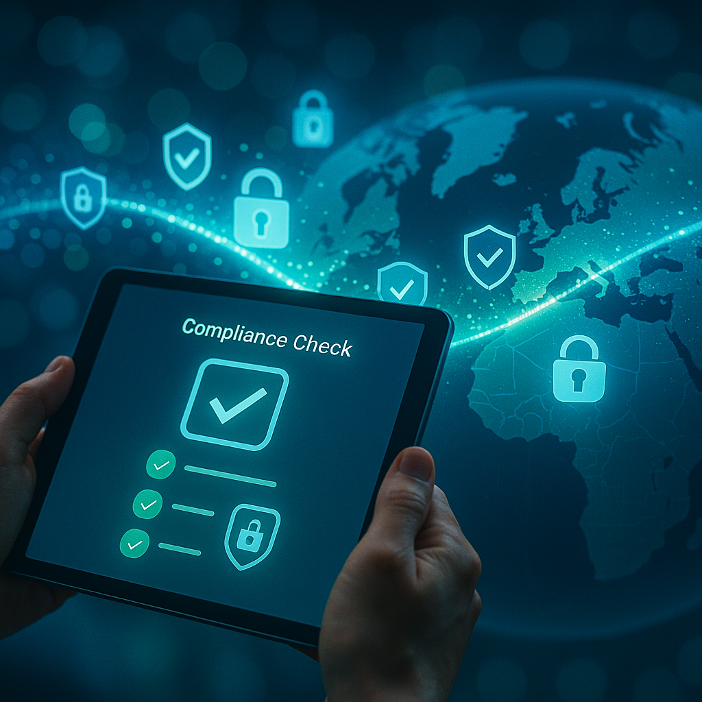 A conceptual visualization of secure data transfer across borders: a glowing digital pathway connecting Western and Eastern hemispheres, with locks, shields, and certification badges floating along the data stream. In the foreground, hands holding a tablet displaying compliance checkmarks and security metrics. Shot with 50mm lens, shallow depth of field, blue and green color tones suggesting trust and security, high-tech atmosphere with bokeh effect, photo style with detailed textures.