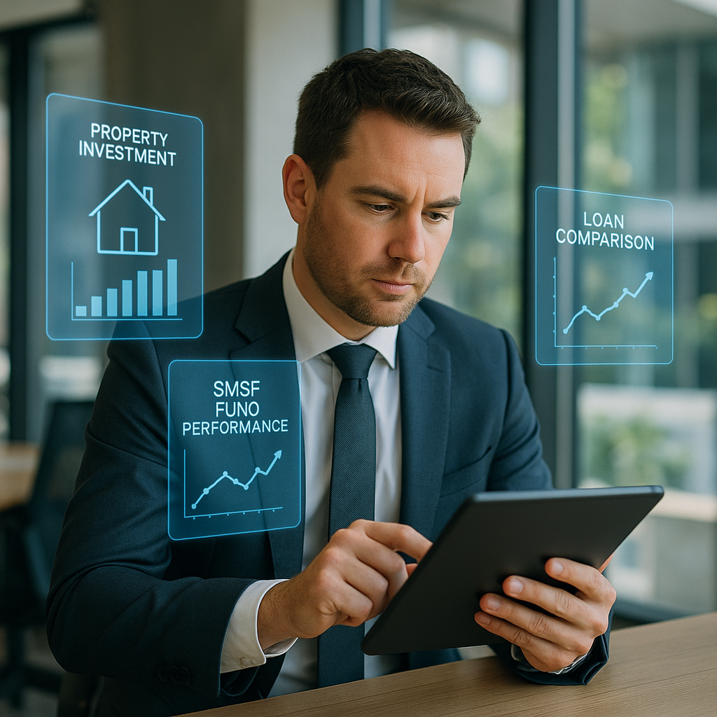 A modern Australian professional reviewing multiple digital lending options on a tablet in a contemporary office, with holographic displays showing property investment data, SMSF fund performance charts, and comparison graphs floating in the air, natural lighting through floor-to-ceiling windows, shot with 50mm lens, f/2.8, shallow depth of field, photo style, highly detailed, professional business atmosphere