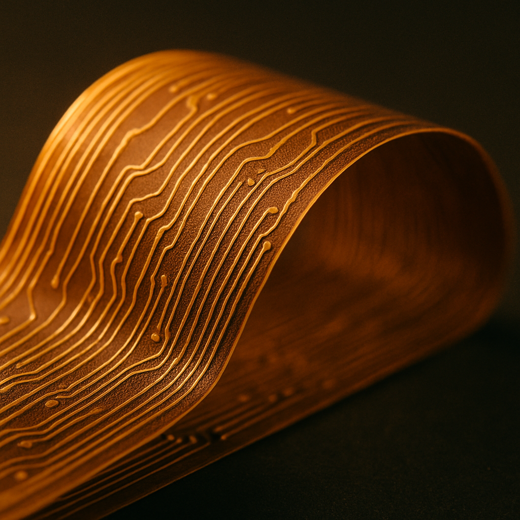 Close-up macro photograph of a flexible circuit board being gently bent in a smooth curve, showing the thin golden-brown polyimide substrate with fine copper traces visible on its surface. The bend demonstrates proper bend radius with no stress points. Dramatic side lighting emphasizes the board's flexibility and surface texture. Shot with macro lens, 100mm, f/4, capturing intricate circuit details, film grain effect, warm lighting from golden hour, highly detailed texture, professional technical photography
