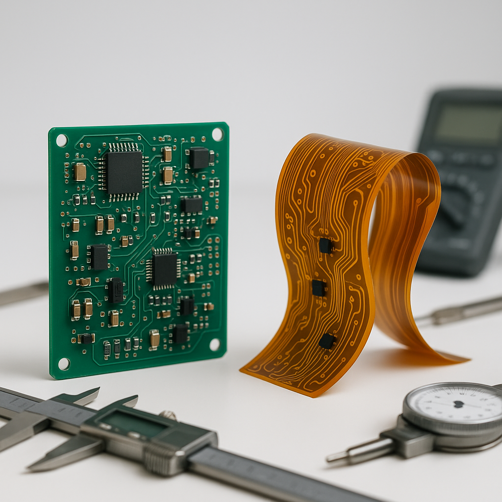 A detailed comparison scene showing two circuit boards side by side on a modern engineer's desk. On the left, a traditional rigid green FR-4 PCB with visible copper traces and mounted components, standing upright and solid. On the right, a flexible golden-brown polyimide circuit board gracefully curved and bent, demonstrating its flexibility. Both boards are surrounded by engineering tools like calipers and measurement instruments. Studio lighting with soft shadows, shot with 50mm lens, f/2.8, shallow depth of field, professional product photography style, high detail, clean white background with subtle gradient