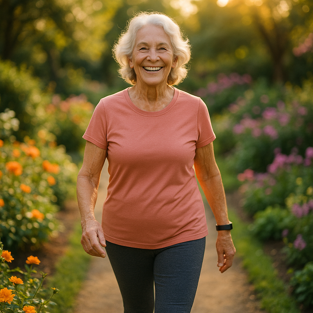 A vibrant photo of an active senior woman in her 70s walking confidently on a sunlit garden path, wearing comfortable athletic wear and a genuine smile, surrounded by blooming flowers and lush greenery, shot with 50mm lens, natural golden hour lighting, shallow depth of field, photo style