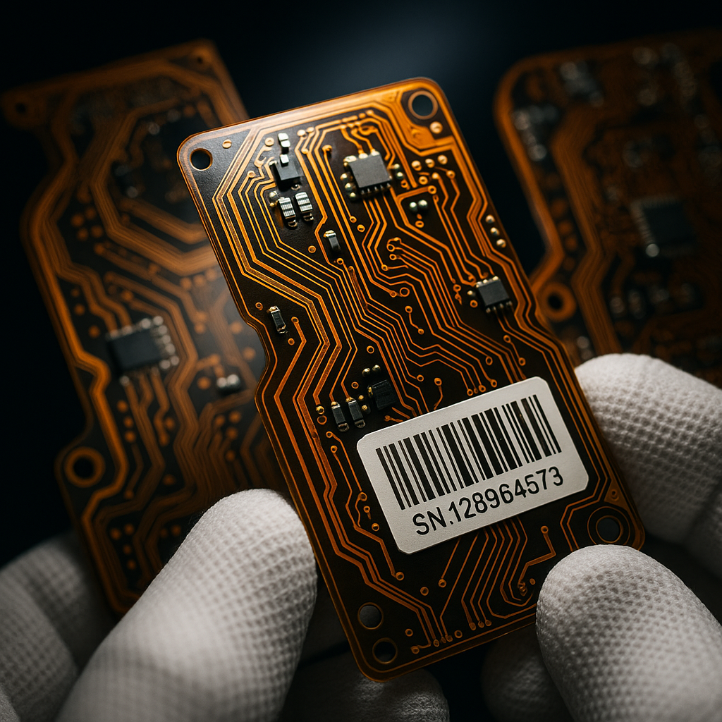 Close-up view of flexible printed circuit boards with detailed copper traces and components, showing barcode labels and serial numbers for traceability, hands wearing white gloves holding the PCB under inspection lighting, macro lens photography, shallow depth of field, clean and precise details, professional product photography, high contrast lighting